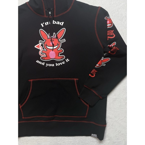 Broken Promises x Happy Bunny I'm Bad Contrast Black Hoodie Woman's Large Pocket - Picture 3 of 16